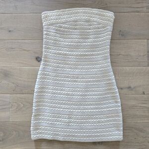 Cream strapless dress: Lined, stretch knit, thick material